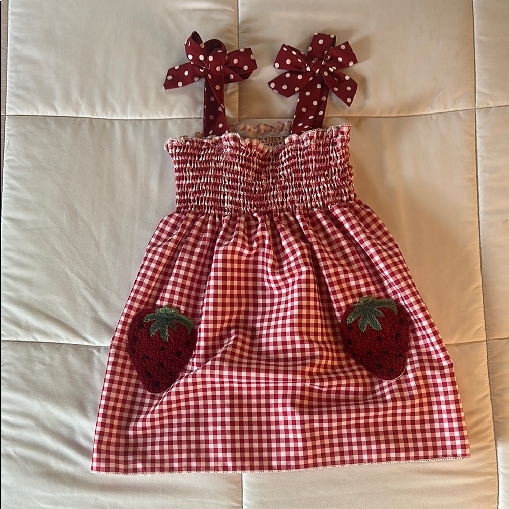 Red Gingham Dress with Strawberry Appliques